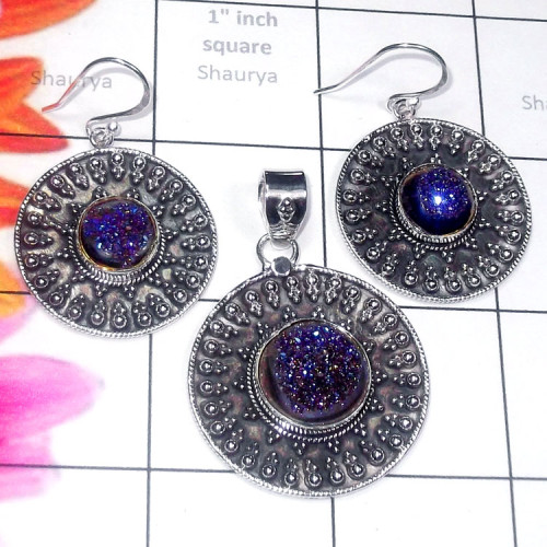 Window Druzy O - NDS989-Window Druzy, Larimar, Black Onyx 925 Silver Oxidised Ear