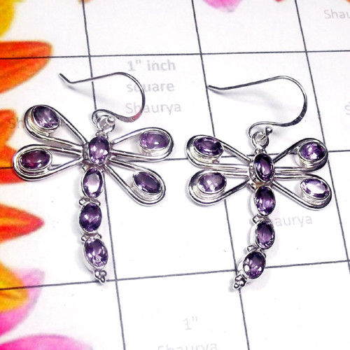 Amethyst cut A - SDE869-Genuine Gemstone 925 Exclusive Silver Designer Earring