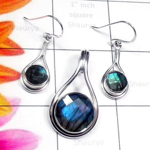 Labradorite Cut O - NDS973-Labradorite, Aquamarine with 925 Exclusive Silver Earring
