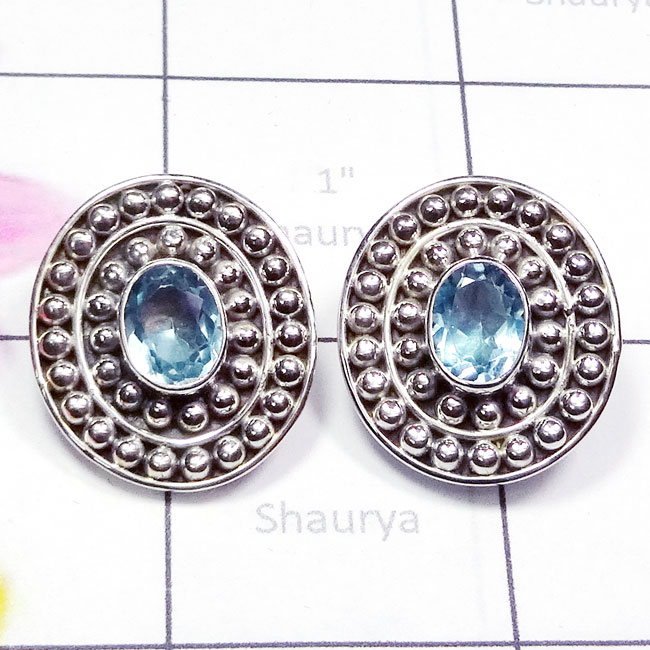 Blue Topaz O - SDE867-Sterling 925 Silver Cut n Cab Gemstone Designer Stud Earr Blue Topaz O - SDE867-Sterling 925 Silver Cut n Cab Gemstone Designer Stud Earr