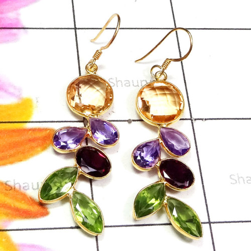 Multi Cut Gemstone O - SGE961-Mix Cut n Cab Gemstone 925 Silver Matte Finish Gold Plate