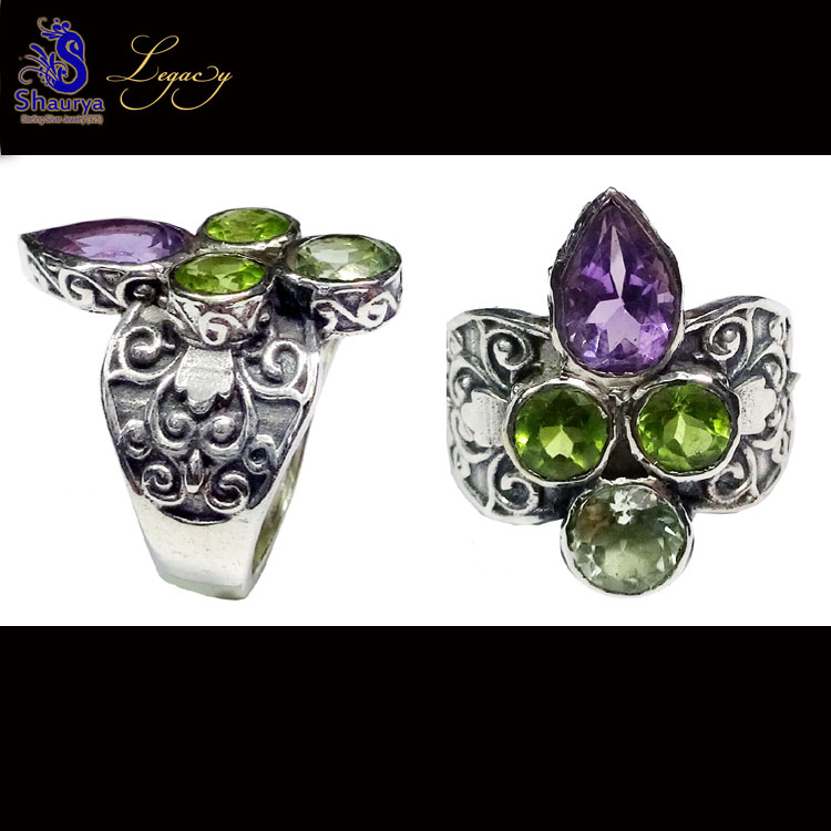 Multi Cut Gemstone A - FBJ981-Genuine Cut Gemstone Made in 925 Silver Oxidised Filigree