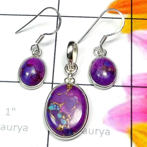 Purple Copper Turquoise E - BZS995-Semiprecious Cab Gemstone 925 Plain Silver Handmade Earri