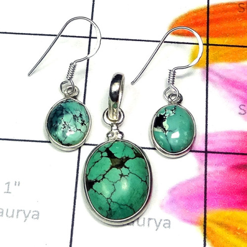 Tibet Turquoise F - BZS995-Semiprecious Cab Gemstone 925 Plain Silver Handmade Earri