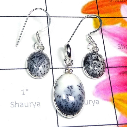 Dendritic Agate O - BZS995-Semiprecious Cab Gemstone 925 Plain Silver Handmade Earri