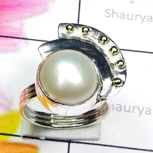 Pearl C - STR971-Fancy Two Tone Ring Cab Gemstone with 925 Silver n Brass