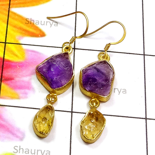 Amethyst n Citrine Rough E - RGE979-Rough Gemstone 925 Silver Gold Plated Handmade Earring Amethyst n Citrine Rough E - RGE979-Rough Gemstone 925 Silver Gold Plated Handmade Earring