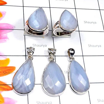 Blue Lace Agate B - BLC997-Blue Lace Agate 925 Silver 2 Pcs Ring n 3 Pcs Pendant Who