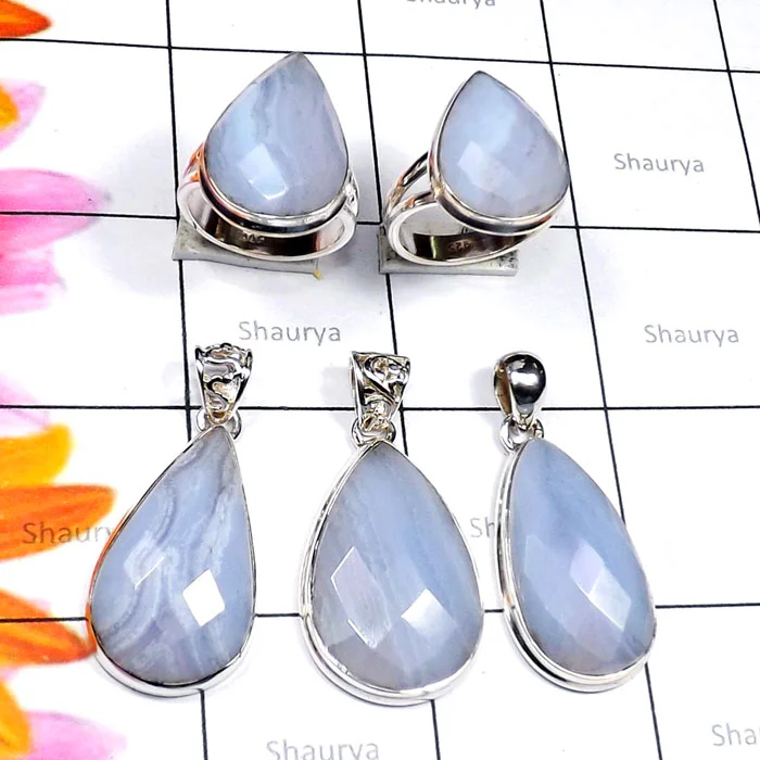 Blue Lace Agate B - BLC997-Blue Lace Agate 925 Silver 2 Pcs Ring n 3 Pcs Pendant Who Blue Lace Agate B - BLC997-Blue Lace Agate 925 Silver 2 Pcs Ring n 3 Pcs Pendant Who