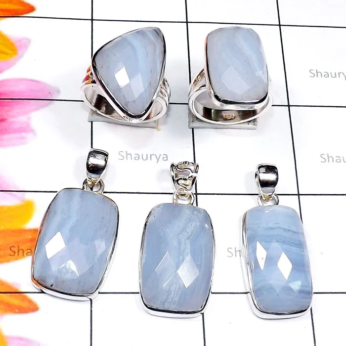 Blue lace Agate O - BLC997-Blue Lace Agate 925 Silver 2 Pcs Ring n 3 Pcs Pendant Who Blue lace Agate O - BLC997-Blue Lace Agate 925 Silver 2 Pcs Ring n 3 Pcs Pendant Who