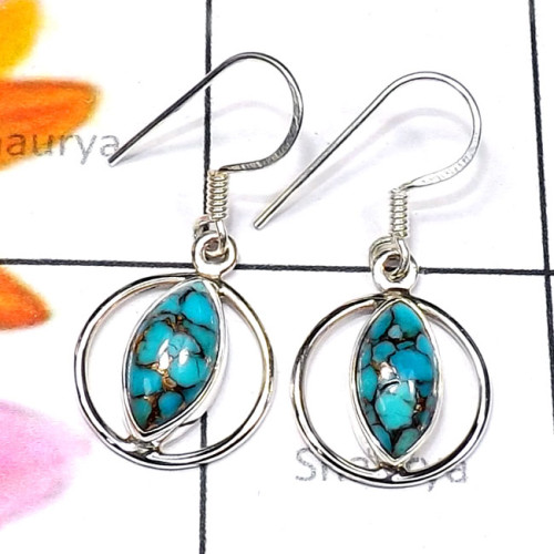 Blue Copper Turquoise O - SDE836-Cab Gemstone Made in 925 Silver Lightweight Designer Earr Blue Copper Turquoise O - SDE836-Cab Gemstone Made in 925 Silver Lightweight Designer Earr