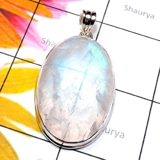 Rainbow Moonstone A - RNB992-925 Plain Silver Rainbow Moonstone Cab Stunning Pendant Rainbow Moonstone A - RNB992-925 Plain Silver Rainbow Moonstone Cab Stunning Pendant
