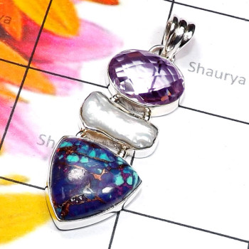 Purple Copper Turquoise A - ISP858-Biwa Pearl with Cut n Cab Gemstone 925 Sterling Silver Fa Purple Copper Turquoise A - ISP858-Biwa Pearl with Cut n Cab Gemstone 925 Sterling Silver Fa