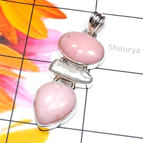 Pink Opal B - ISP858-Biwa Pearl with Cut n Cab Gemstone 925 Sterling Silver Fa Pink Opal B - ISP858-Biwa Pearl with Cut n Cab Gemstone 925 Sterling Silver Fa