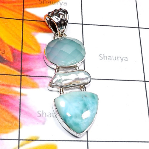 Larimar C - ISP858-Biwa Pearl with Cut n Cab Gemstone 925 Sterling Silver Fa Larimar C - ISP858-Biwa Pearl with Cut n Cab Gemstone 925 Sterling Silver Fa