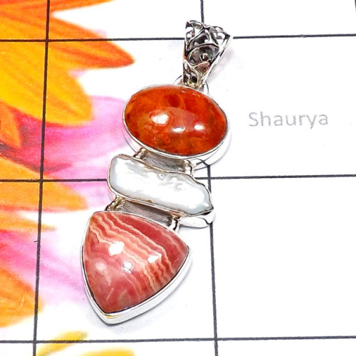 Rodochrosite D - ISP858-Biwa Pearl with Cut n Cab Gemstone 925 Sterling Silver Fa Rodochrosite D - ISP858-Biwa Pearl with Cut n Cab Gemstone 925 Sterling Silver Fa