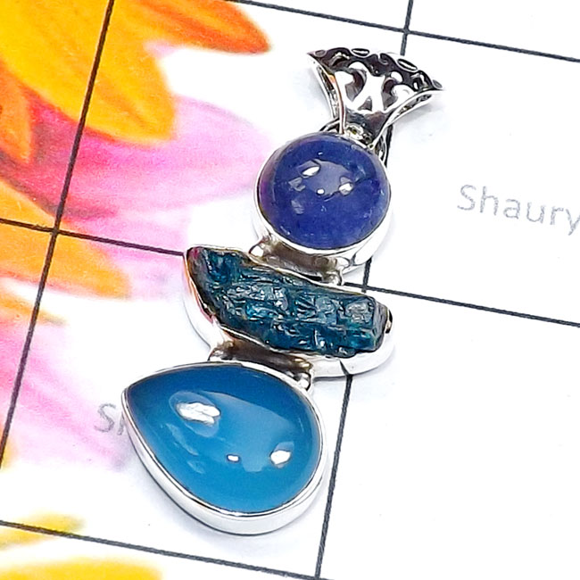 Tanzanite, n Chalcedony A - ISP857-Semiprecious Cut n Cab Gemstone 925 Silver Handmade Stunn