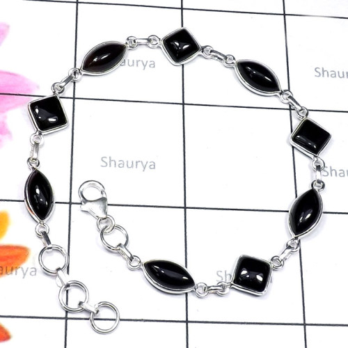 Black Onyx A - SBB924-Semiprecious Cut Gemstone 925 Silver Handmade Bejal Brace