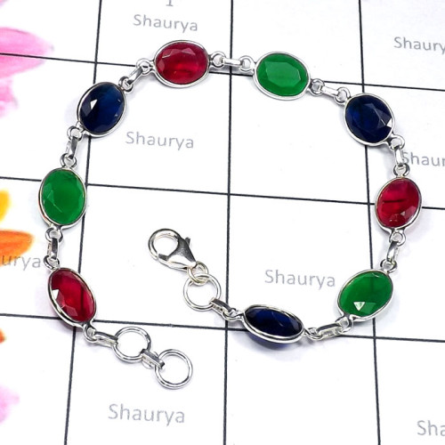 Multi Cut Corundum D - SBB924-Semiprecious Cut Gemstone 925 Silver Handmade Bejal Brace