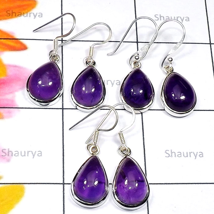 Amethyst Cab D - CAD988-Cab Amethyst 925 Sterling Silver 3 Pair Handmade Trendy E Amethyst Cab D - CAD988-Cab Amethyst 925 Sterling Silver 3 Pair Handmade Trendy E
