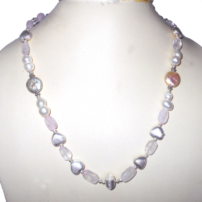 Rose quartz, Pearl B - BDN985- Rose quartz gems with Silver Beads wholesale Rose quartz, Pearl B - BDN985- Rose quartz gems with Silver Beads wholesale
