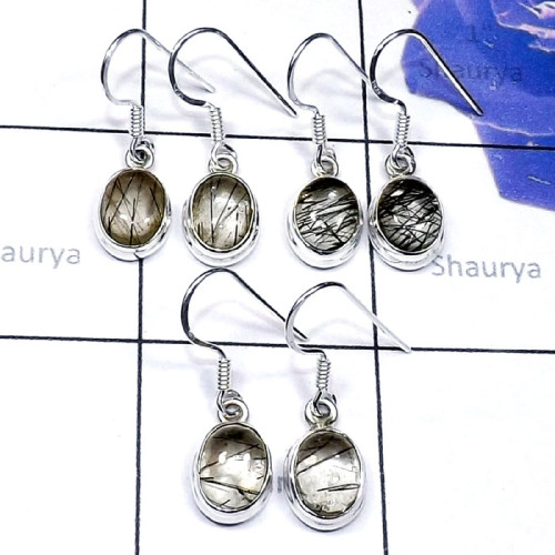 Black Rutile C - SVP891-Semiprecious Cab Gemstone 925 Sterling Silver 3 Pair Hand Black Rutile C - SVP891-Semiprecious Cab Gemstone 925 Sterling Silver 3 Pair Hand