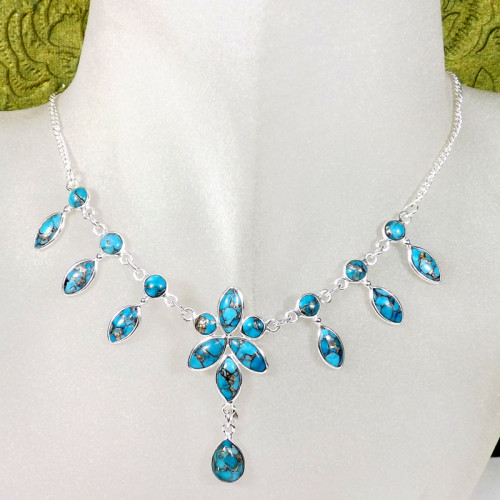 18 inch Blue Copper Turquoise F - SCN996-Sterling 925 Silver Genuine Gemstone 18 inch  Handmade Be