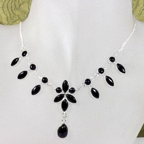 18 inch Black Onyx G - SCN996-Sterling 925 Silver Genuine Gemstone 18 inch  Handmade Be