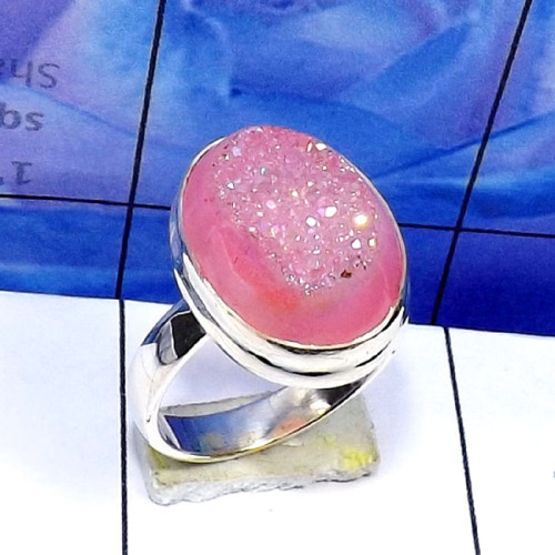 Pink Flat Druzy D - PSR887-Pink Flat Druzy 925 Sterling Silver Handmade Wholesale Ri