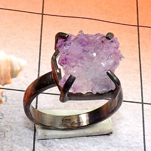 Amethyst Druzy G - SPR975-Amethyst Druzy 925 Silver Black Rhodium Prong Setting Bea