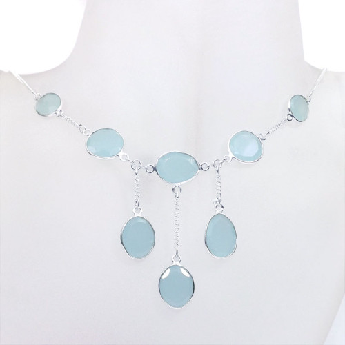 18 inch Aqua Hydro G - SCN988-Sterling 925 Silver Cut Gemstone 18 inch Bezel Setting Ch