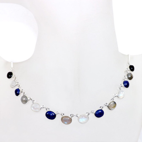 18 inch Multi Cab Gemstone A - SCN983-18 inch Beautiful Bezel Chain Necklace 925 Silver with Se 18 inch Multi Cab Gemstone A - SCN983-18 inch Beautiful Bezel Chain Necklace 925 Silver with Se