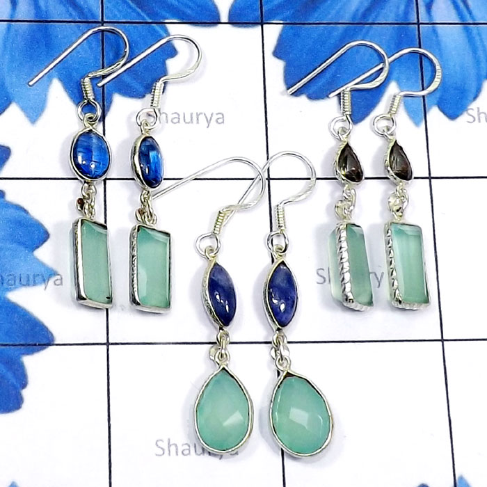 3 Pair Aqua Onyx O - BZE919-3 Pair Aqua Onyx Cut with Cab Gemstone 925 Silver Wholesa 3 Pair Aqua Onyx O - BZE919-3 Pair Aqua Onyx Cut with Cab Gemstone 925 Silver Wholesa