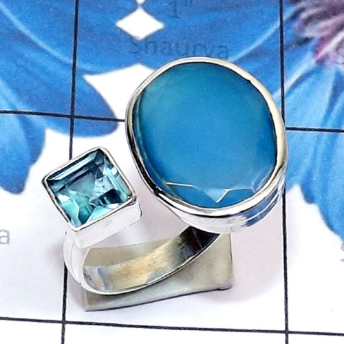 Blue Chalcedony A - PSR878-Genuine Gemstone 925 Sterling Silver Two Stone Handmade A