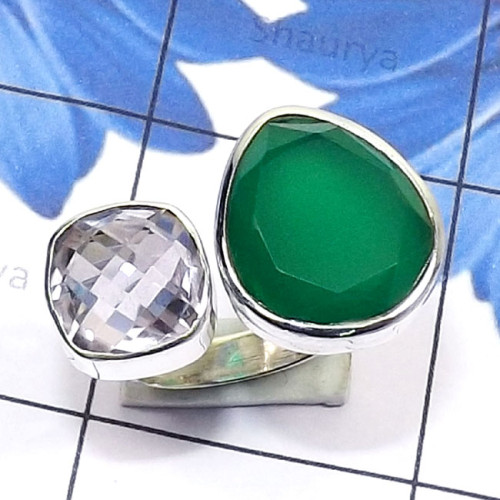 Green Onyx Cut B - PSR878-Genuine Gemstone 925 Sterling Silver Two Stone Handmade A