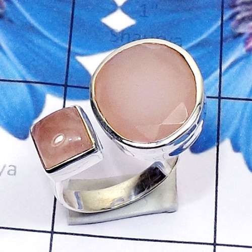 Rose Quartz D - PSR878-Genuine Gemstone 925 Sterling Silver Two Stone Handmade A