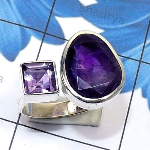Amethyst cut G - PSR878-Genuine Gemstone 925 Sterling Silver Two Stone Handmade A