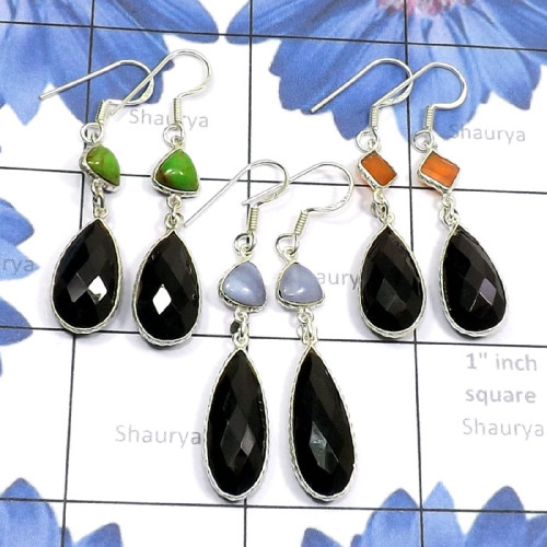 3 Pair Black Onyx I - BZE915-Black Onyx Cut with Cab Gemstone 925 Silver Manufacturer