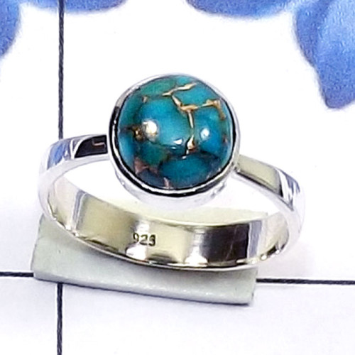 Blue Copper Turquoise D - PSR877-925 Plain Silver Genuine Cut n Cab Gemstone Trendy Ring
