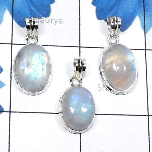 3 Pcs Rainbow Moonstone D - SVP869-Beautiful Cab Rainbow Moonstone 925 Silver Manufacturer 3