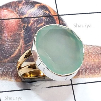 Aqua Chalcedony I - STR968-Plain 925 Silver with Brass Semiprecious Cut Gemstone Han Aqua Chalcedony I - STR968-Plain 925 Silver with Brass Semiprecious Cut Gemstone Han