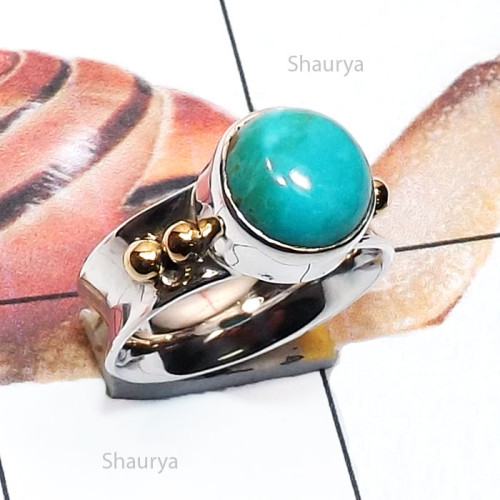 Tibet Turquoise A - STR966-Genuine Cut n Cab Gemstone Two Tone 925 Silver n Brass Ha