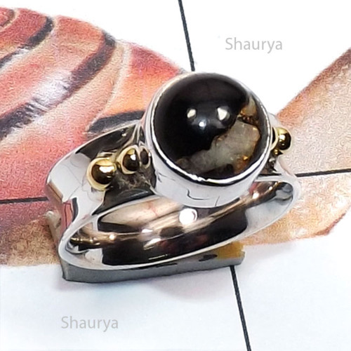 Mohave Black Copper B - STR966-Genuine Cut n Cab Gemstone Two Tone 925 Silver n Brass Ha