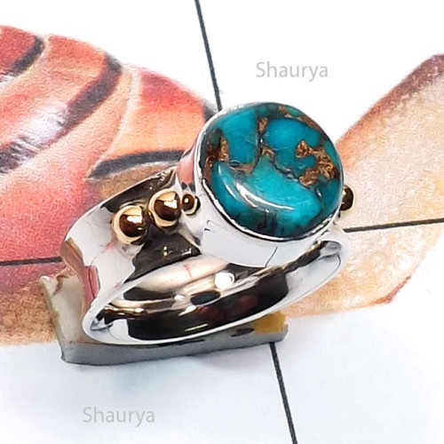 Blue Copper Turquoise C - STR966-Genuine Cut n Cab Gemstone Two Tone 925 Silver n Brass Ha Blue Copper Turquoise C - STR966-Genuine Cut n Cab Gemstone Two Tone 925 Silver n Brass Ha