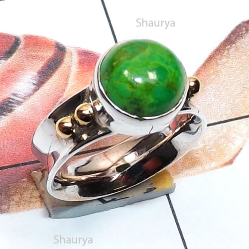 Green Turquoise D - STR966-Genuine Cut n Cab Gemstone Two Tone 925 Silver n Brass Ha