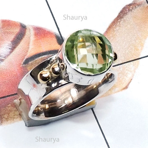 Green Amethyst E - STR966-Genuine Cut n Cab Gemstone Two Tone 925 Silver n Brass Ha