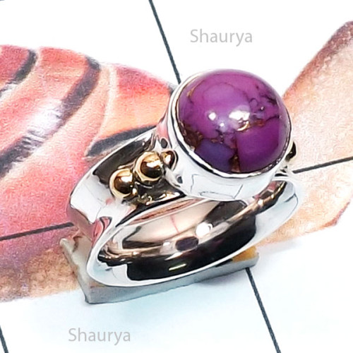 Purple Copper Turquoise F - STR966-Genuine Cut n Cab Gemstone Two Tone 925 Silver n Brass Ha