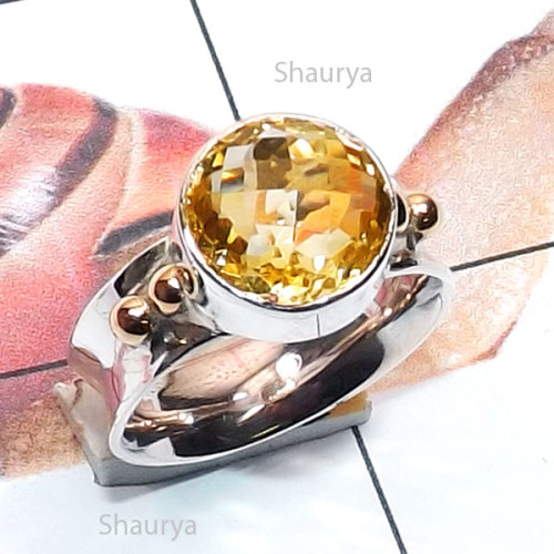 Citrine H - STR966-Genuine Cut n Cab Gemstone Two Tone 925 Silver n Brass Ha