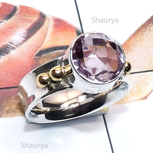 Amethyst Cut I - STR966-Genuine Cut n Cab Gemstone Two Tone 925 Silver n Brass Ha