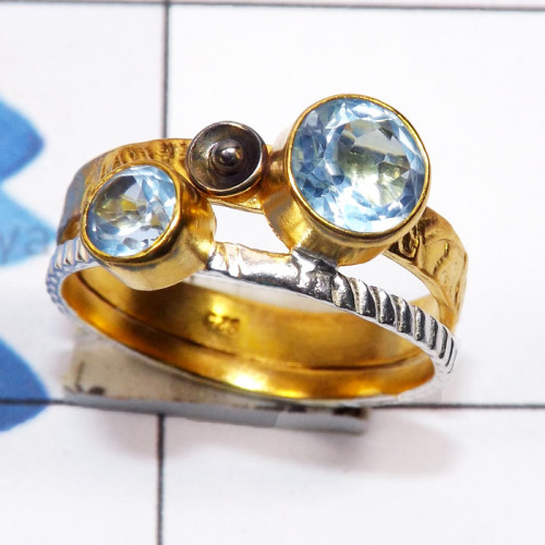 Blue Topaz O - STR962-Semiprecious Cut n Cab Gemstone 925 Silver Rhodium Plated